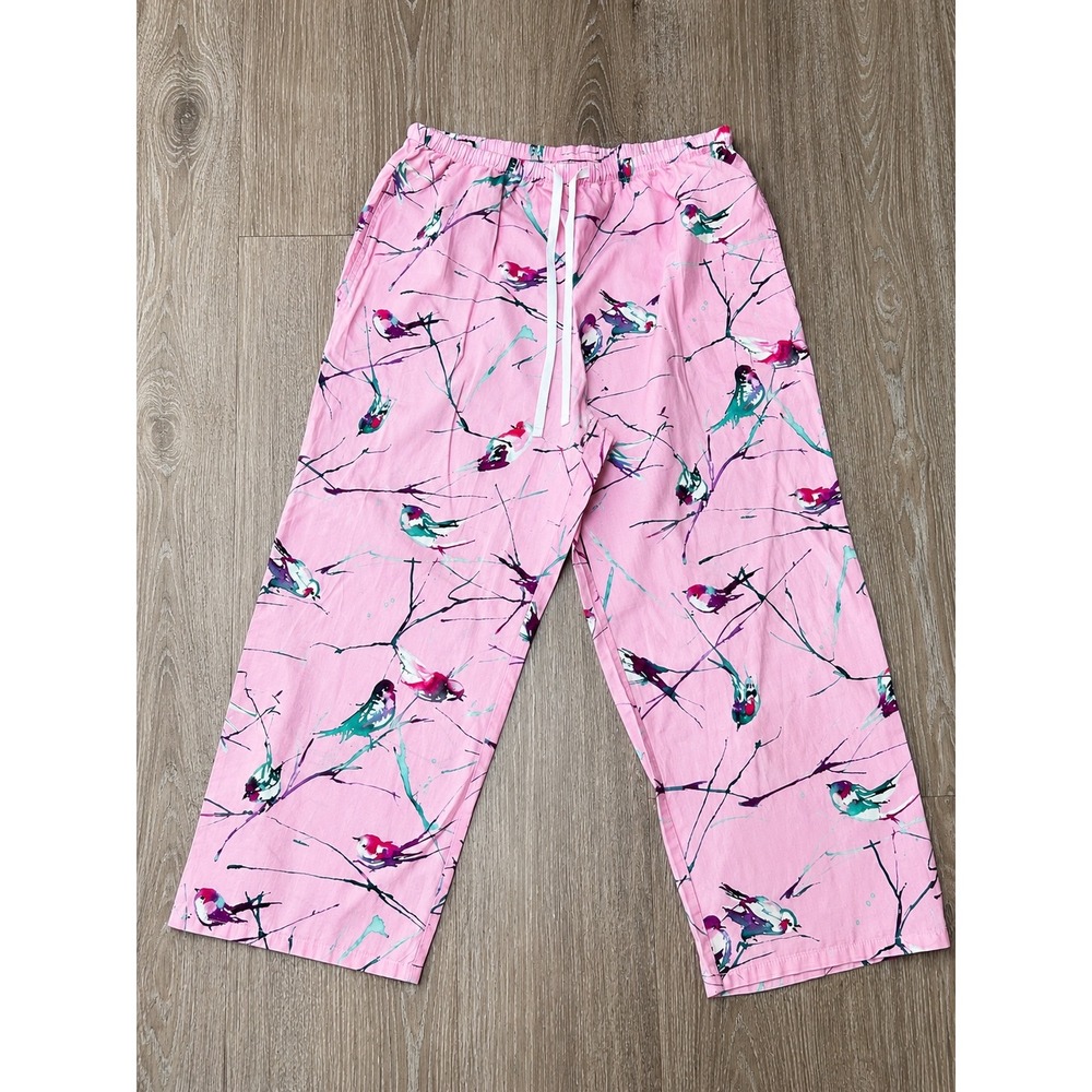 The Cat's Pajamas Pink Watercolor Bird Print Cotton Pajama Pants Small Whimsy